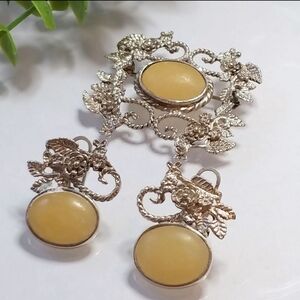 Old 925 Mex Brooch and Earrings Cabachon Set